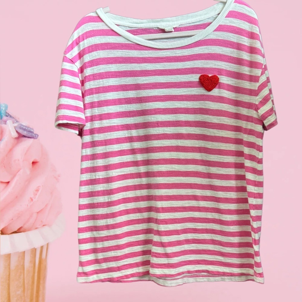 Pink‎ and White Striped T-Shirt with Heart Patch - Picture 2 of 6